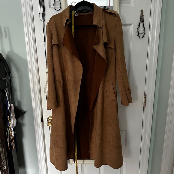 Few Moda Jackets & Blazers - Women's Camel Faux Suede Belted Trench Coat‎ Waterfall Collar
